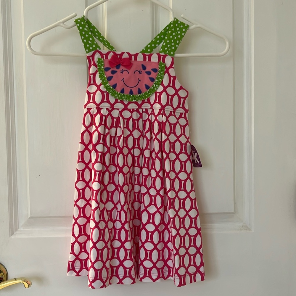 Pink and White Patterned Dress with Green Accents- size 4